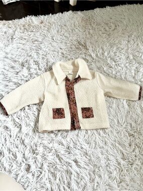 Baby fleece Cream Sherpa Jacket with Floral Trim